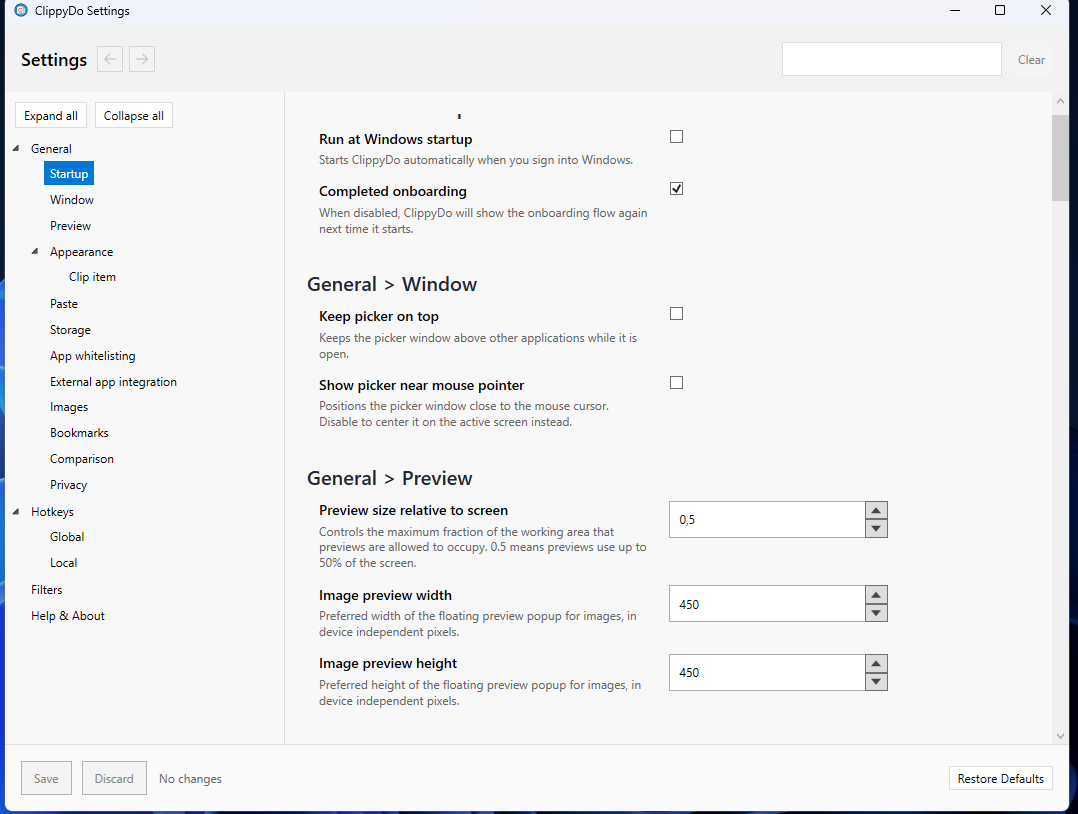 Settings window with hotkeys